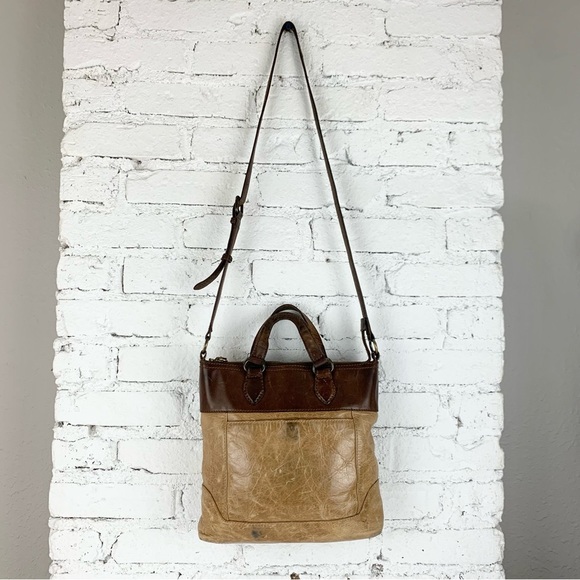 Frye Melissa Small Tote Crossbody Two Tone Brown Leather Purse Bag - Picture 4 of 15